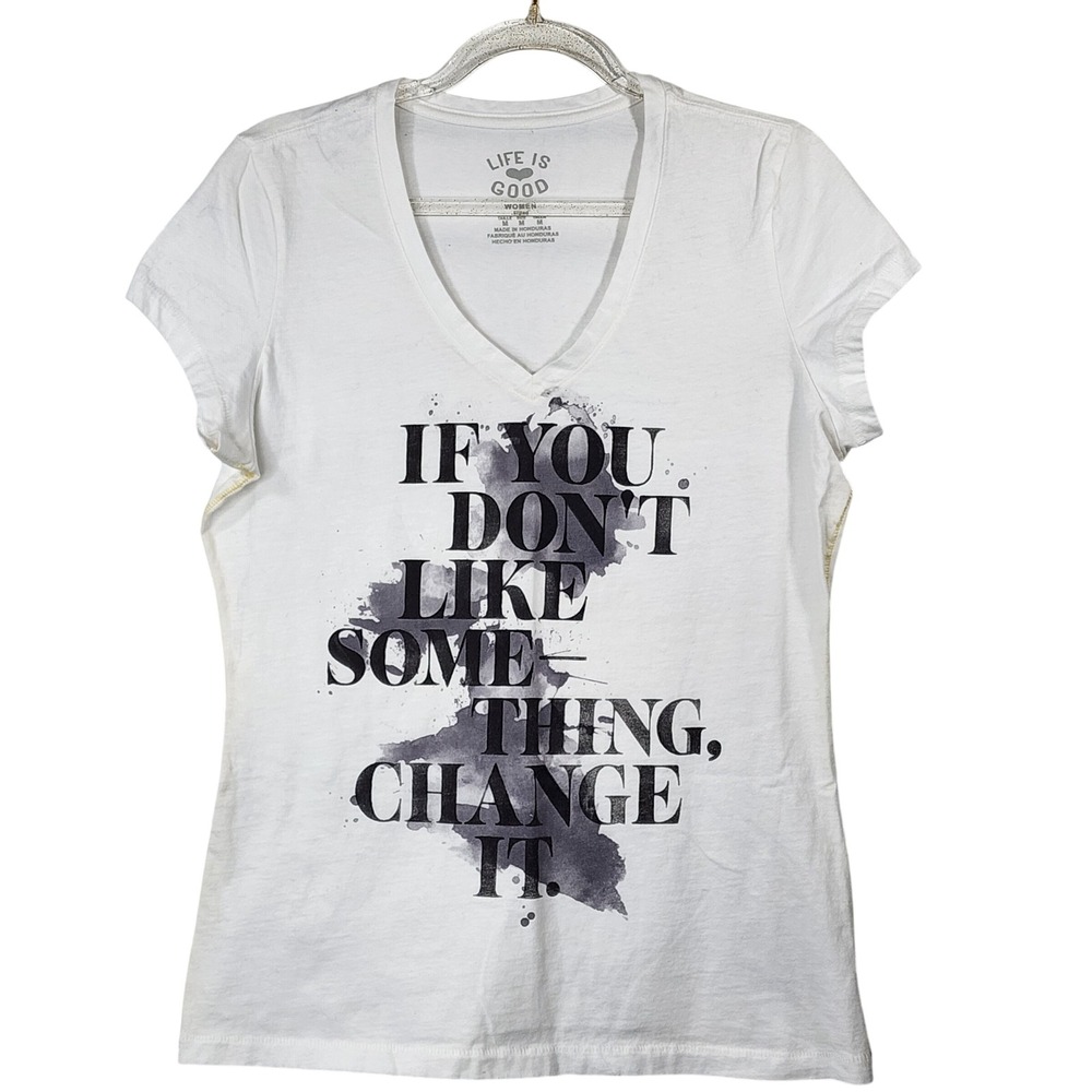 Life Is Good White V-Neck Tee with Black Graphic Text